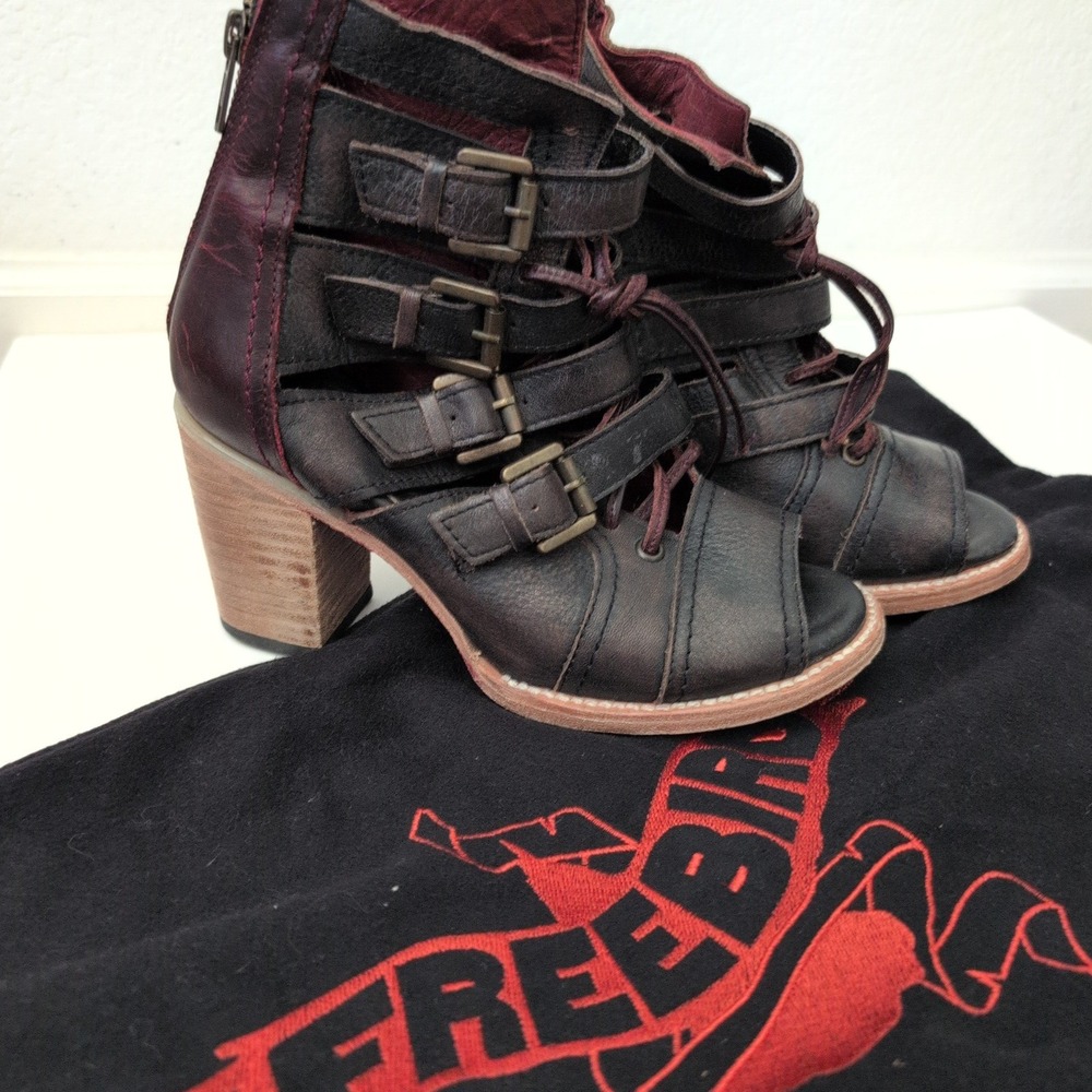 Freebird by Steven Braeden Black Burgundy Leather Buckle Cage Booties Womens 7 - Picture 3 of 10